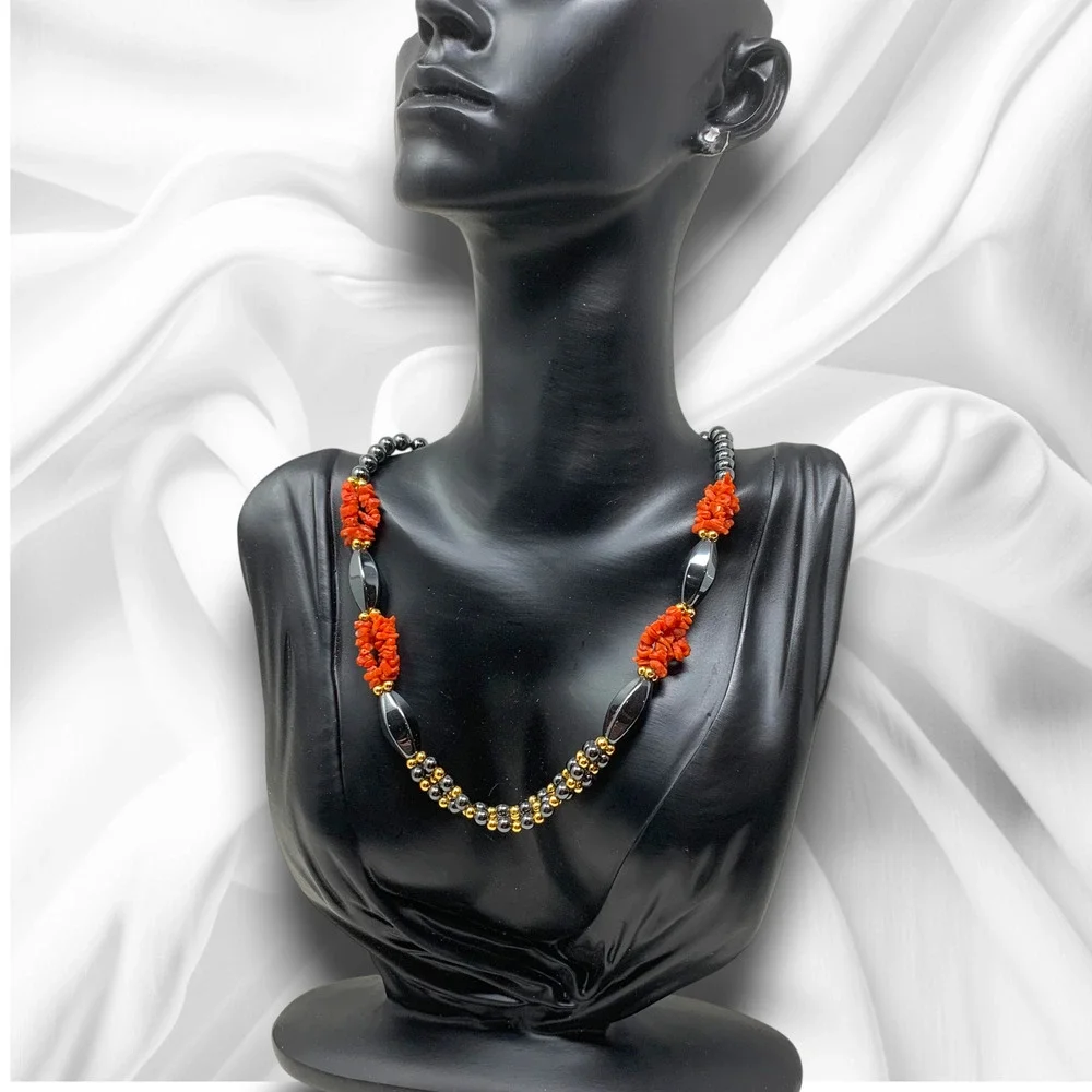 Vintage Y2K Hematite Red Coral Beaded Necklace Art Deco Nouveau Style Modernist